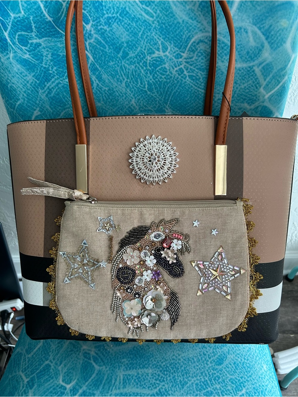 Womens Embellished Rhinestone Tote Bag with Exotic Unicorn. - One of a Kind - Picture 2 of 7